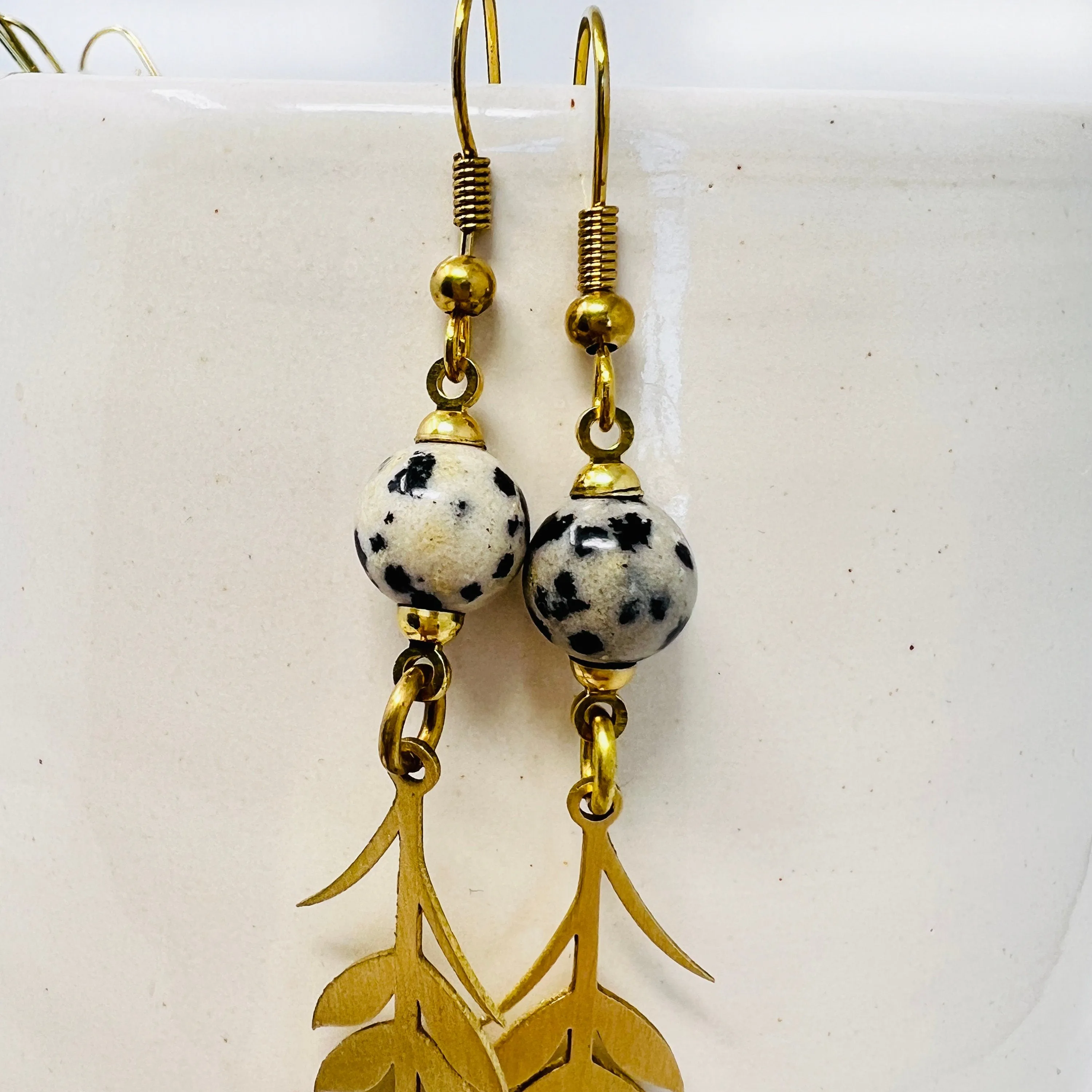 Brass Flower Stem Dangle Earring With Semi-Precious Stones In Mint, Yellow, Peach or Dalmatian