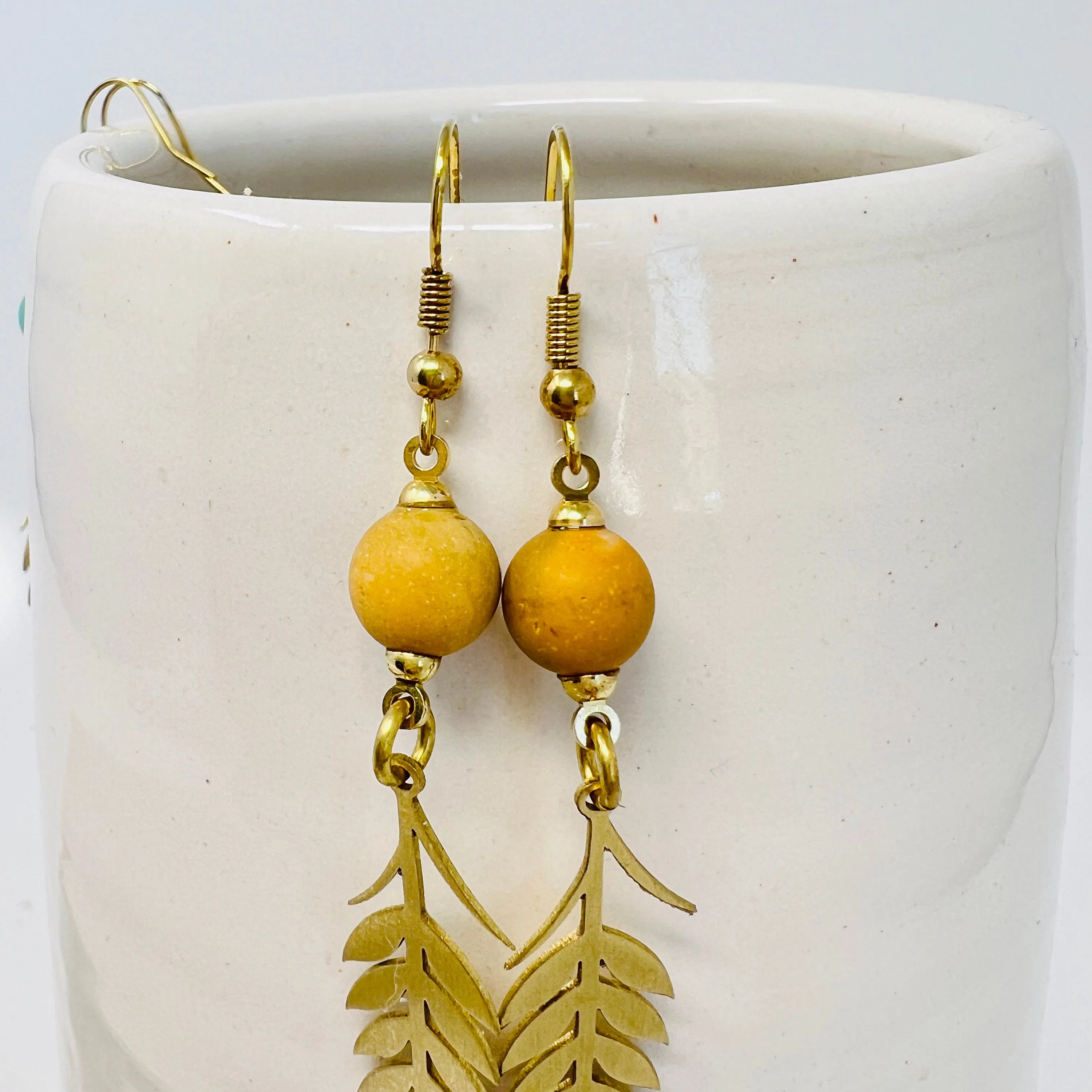 Brass Flower Stem Dangle Earring With Semi-Precious Stones In Mint, Yellow, Peach or Dalmatian