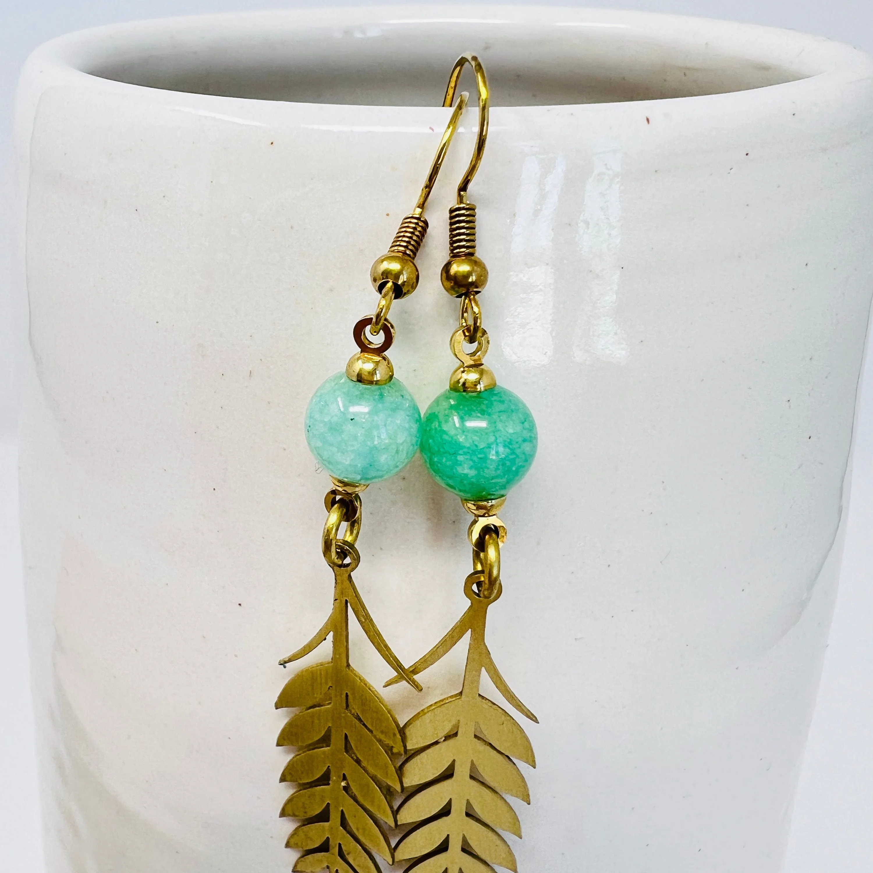 Brass Flower Stem Dangle Earring With Semi-Precious Stones In Mint, Yellow, Peach or Dalmatian