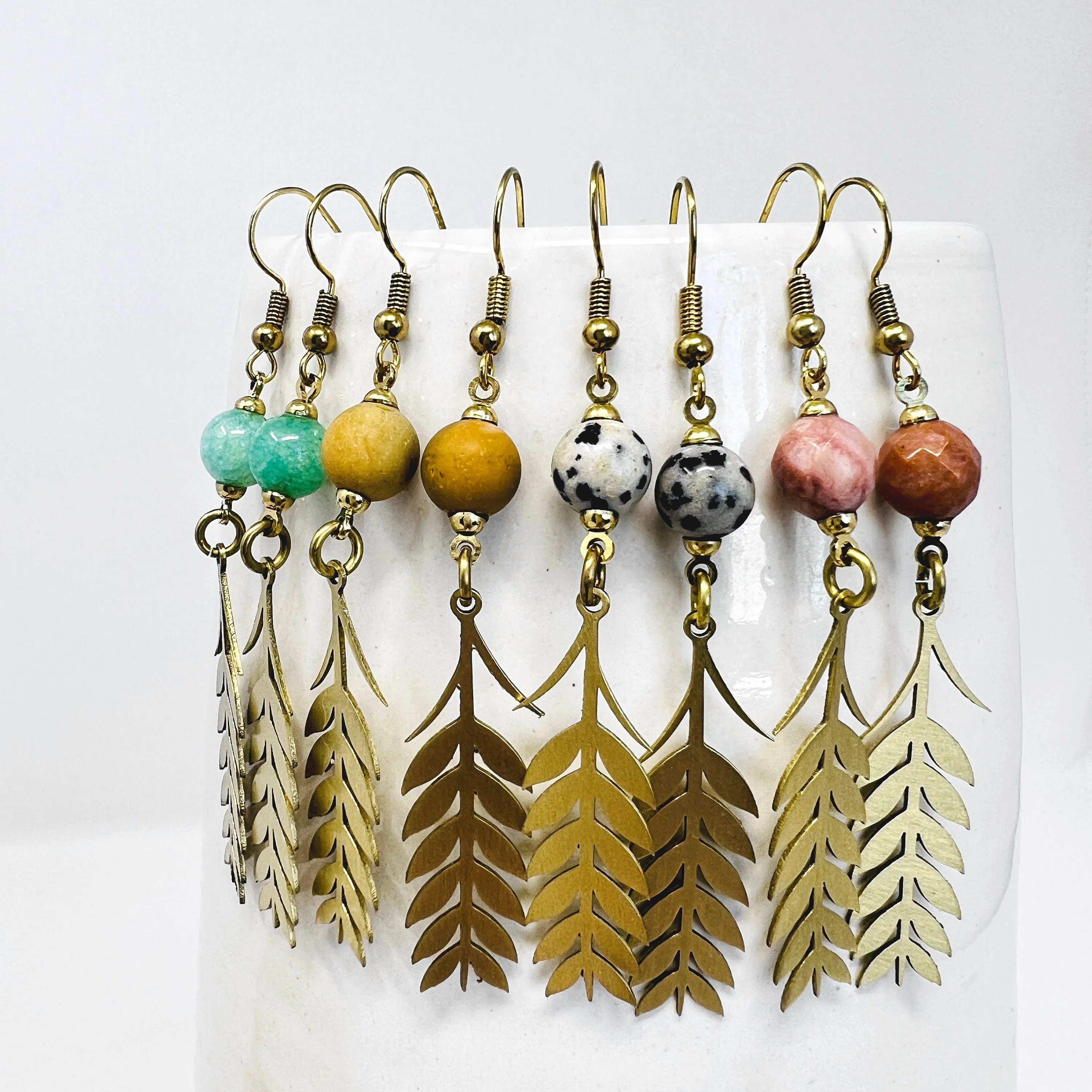 Brass Flower Stem Dangle Earring With Semi-Precious Stones In Mint, Yellow, Peach or Dalmatian