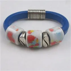 Bright Blue Leather Cord  Bracelet with Handmade White Accents