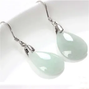 Buddha Stones 925 Sterling Silver Jade Water Drop Luck Dangle Earrings