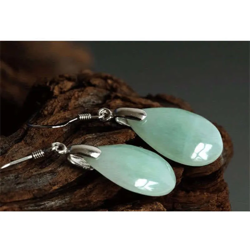 Buddha Stones 925 Sterling Silver Jade Water Drop Luck Dangle Earrings