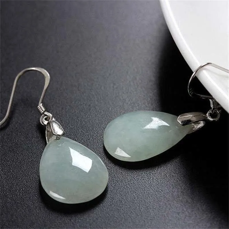 Buddha Stones 925 Sterling Silver Jade Water Drop Luck Dangle Earrings