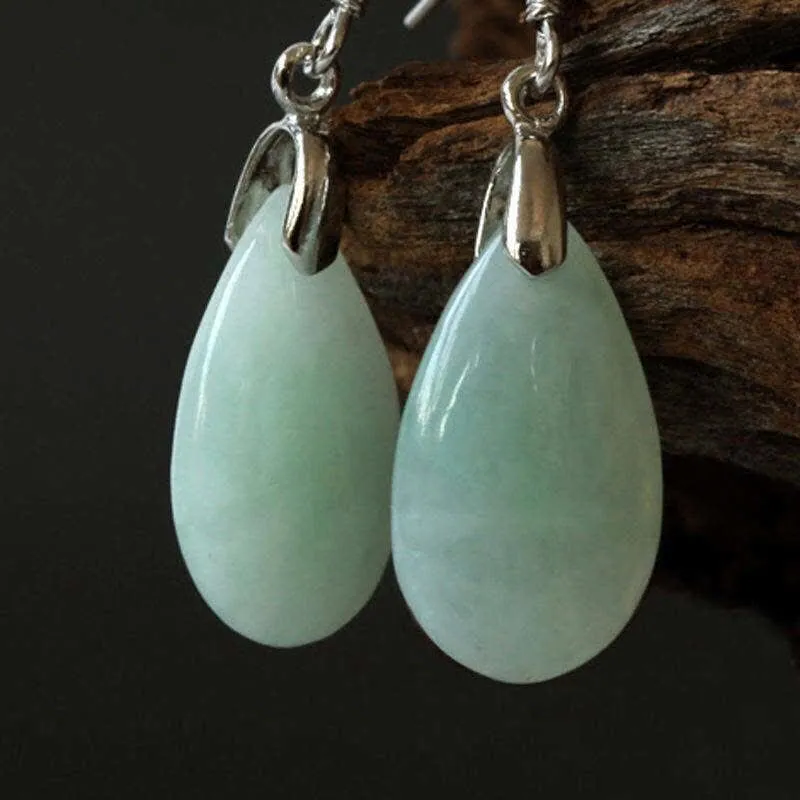 Buddha Stones 925 Sterling Silver Jade Water Drop Luck Dangle Earrings