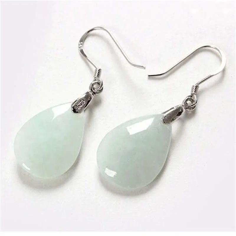 Buddha Stones 925 Sterling Silver Jade Water Drop Luck Dangle Earrings