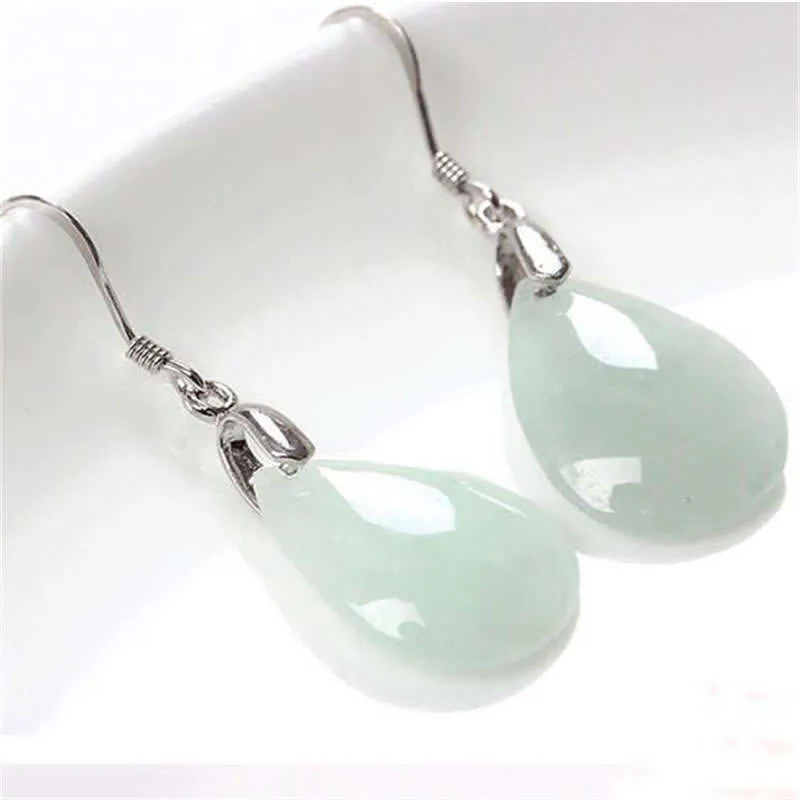 Buddha Stones 925 Sterling Silver Jade Water Drop Luck Dangle Earrings