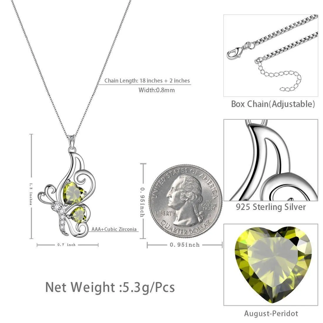 Butterfly Birthstone August Peridot Necklace Women Girls Jewelry Birthday Gift Sterling Silver