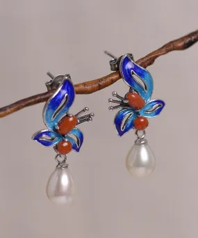 Chic Blue Sterling Silver Cloisonne Jade Pearl Butterfly Stud Earrings LY7752