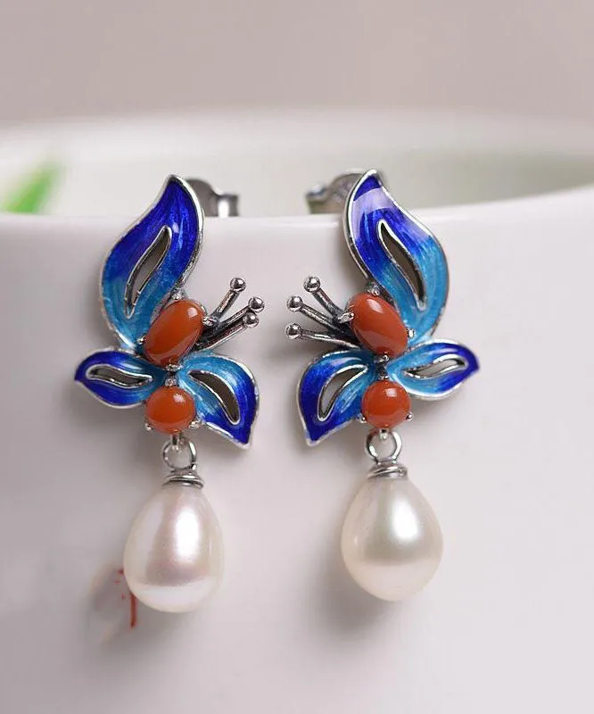 Chic Blue Sterling Silver Cloisonne Jade Pearl Butterfly Stud Earrings LY7752