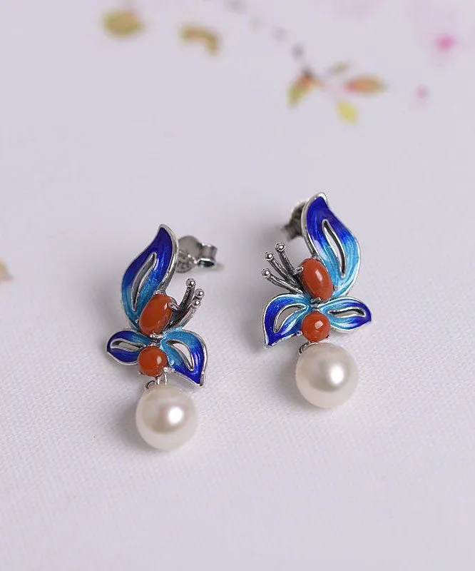 Chic Blue Sterling Silver Cloisonne Jade Pearl Butterfly Stud Earrings LY7752