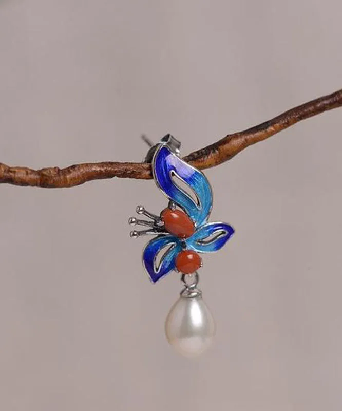 Chic Blue Sterling Silver Cloisonne Jade Pearl Butterfly Stud Earrings LY7752