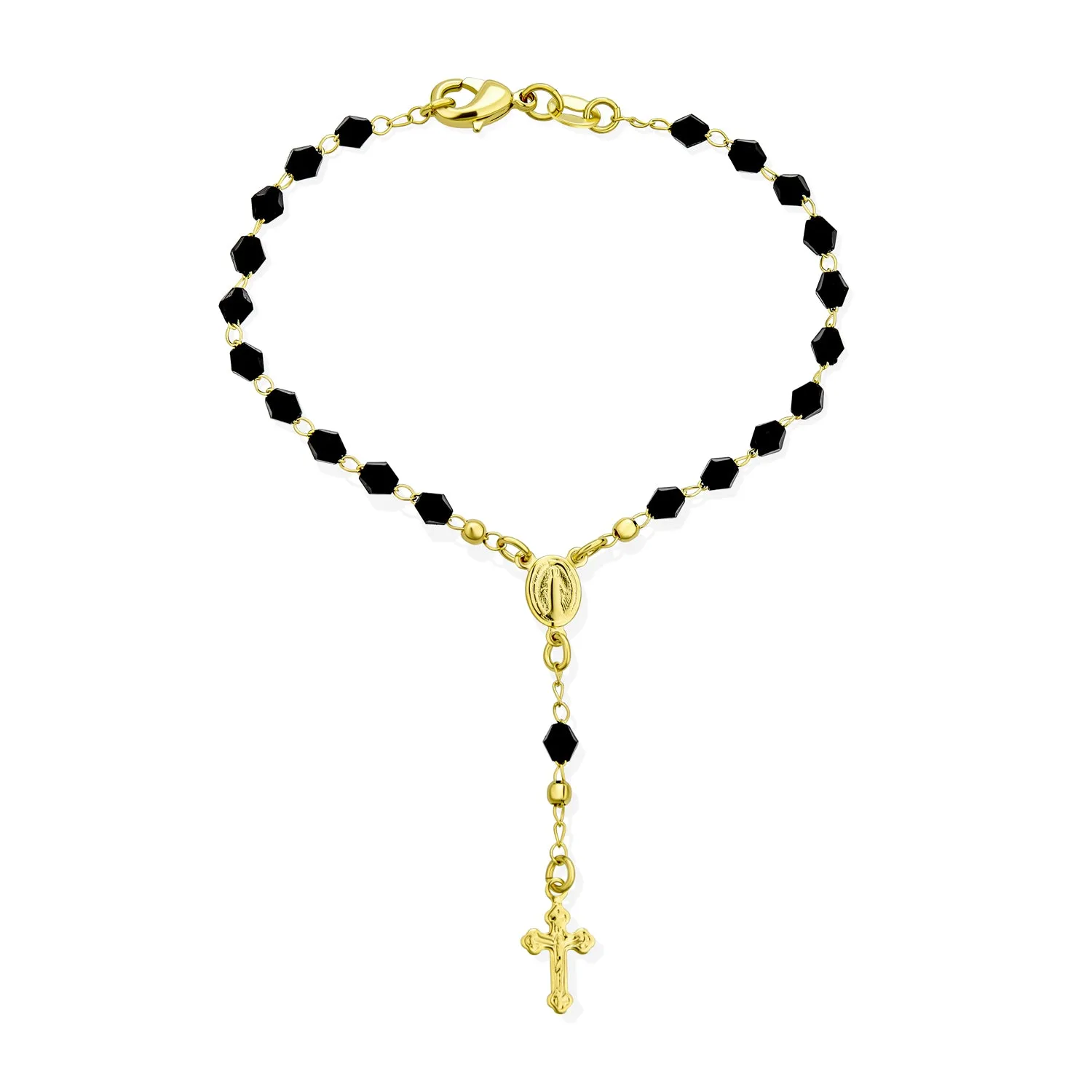 Christian Rosary-Bead Bracelet Black Beads Virgin Mary Crucifix 18K Gold 7-7.5 Inch