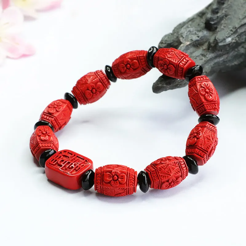 Cinnabar Flower Carved Red Sand Bracelet by Ping An Happiness Brand