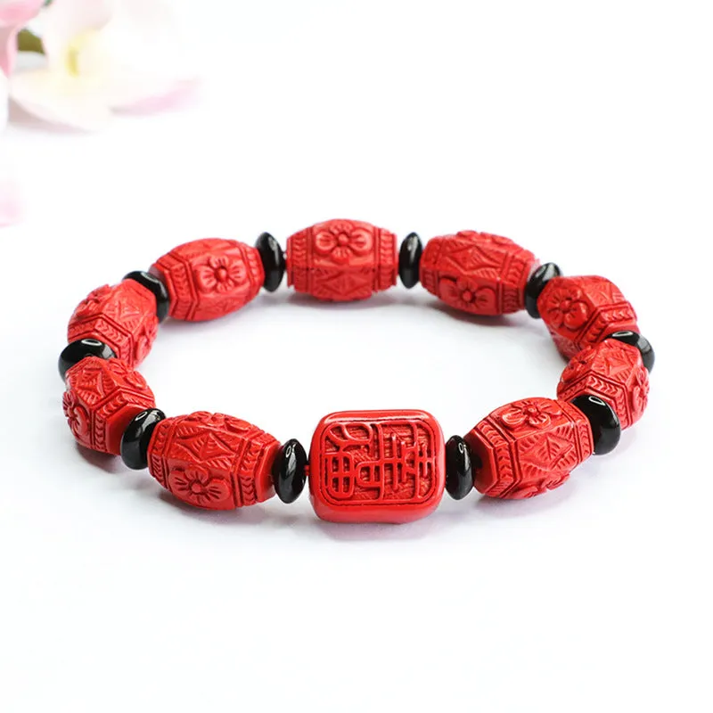 Cinnabar Flower Carved Red Sand Bracelet by Ping An Happiness Brand