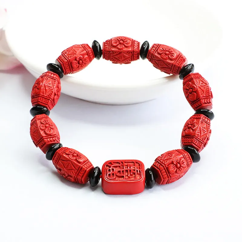 Cinnabar Flower Carved Red Sand Bracelet by Ping An Happiness Brand