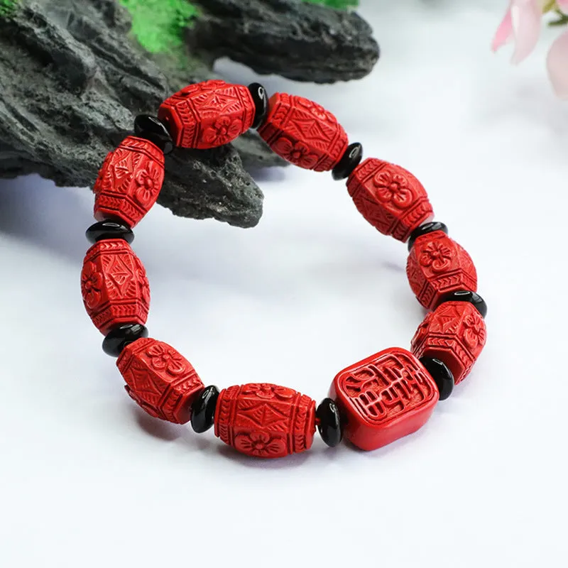 Cinnabar Flower Carved Red Sand Bracelet by Ping An Happiness Brand