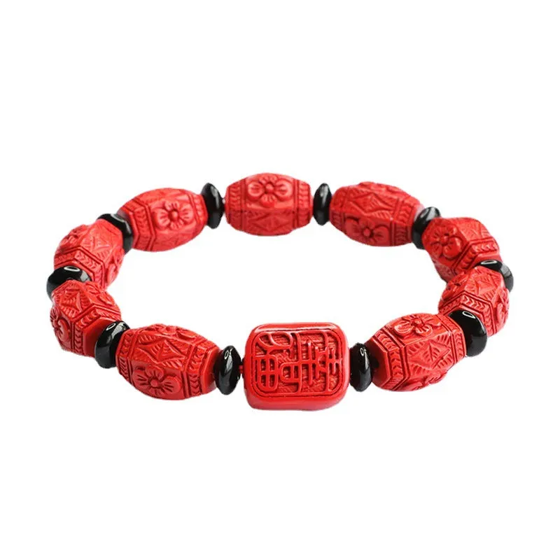 Cinnabar Flower Carved Red Sand Bracelet by Ping An Happiness Brand