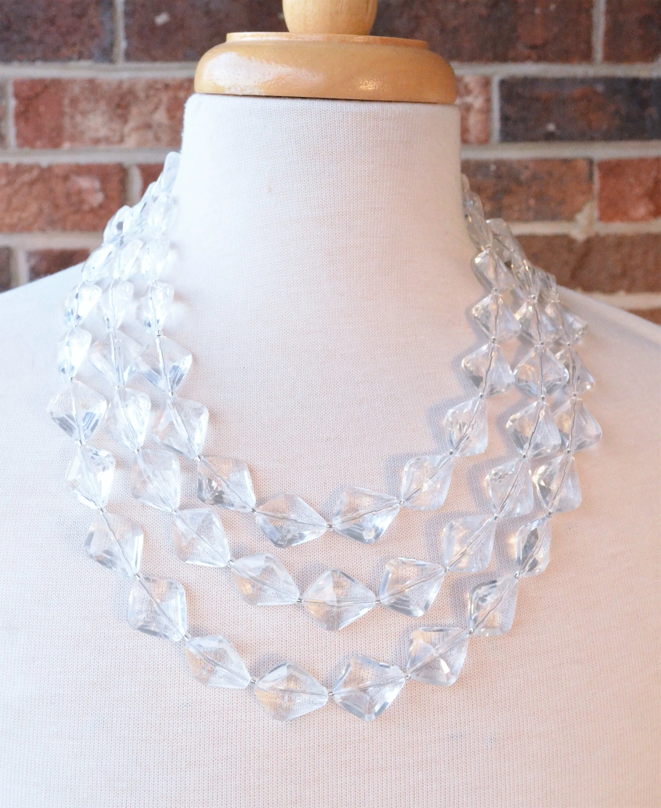 Clear Lucite Multi Strand Beaded Acrylic Geometric Statement Necklace - Krista