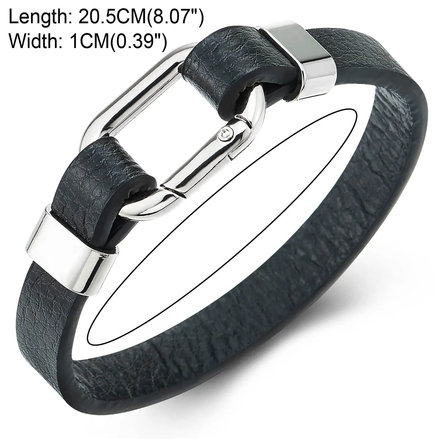 COOLSTEELANDBEYOND Square Oval Link Clasp Black Leather Bracelet Men Women, Bangle Wristband