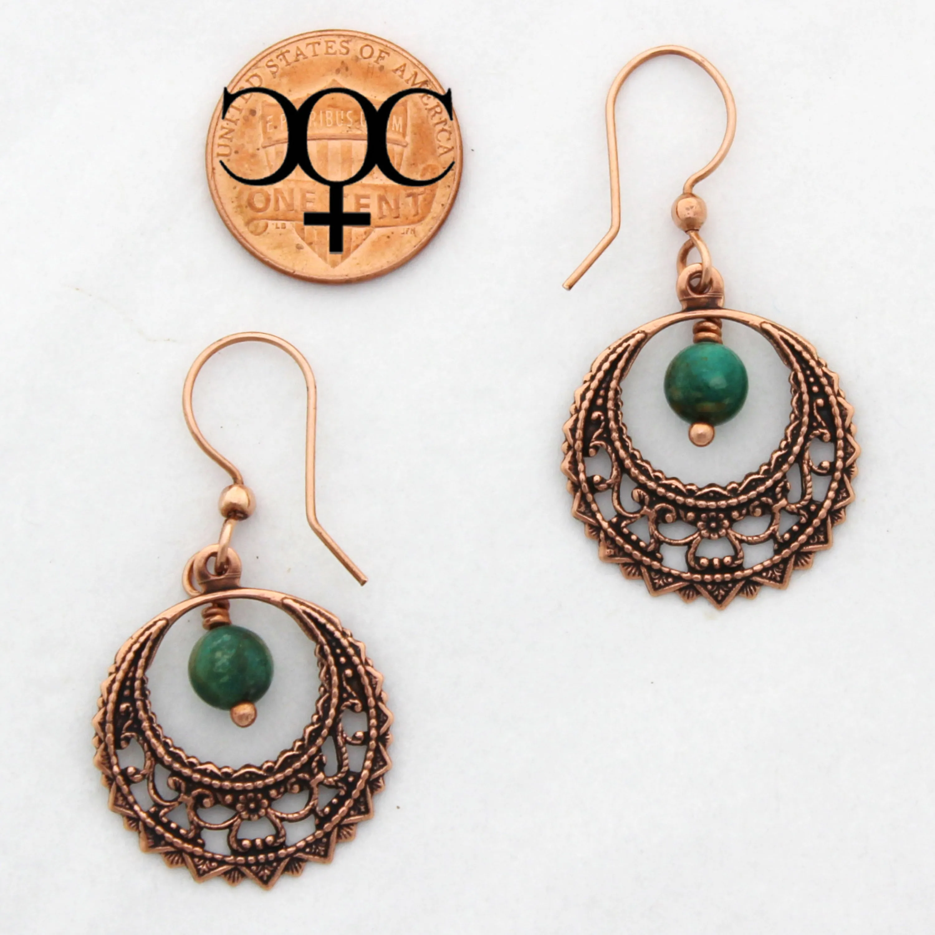 Copper Filigree Crescent Hoop Earrings with Gemstone Drops ECD48G Solid Copper Earrings With Gemstones