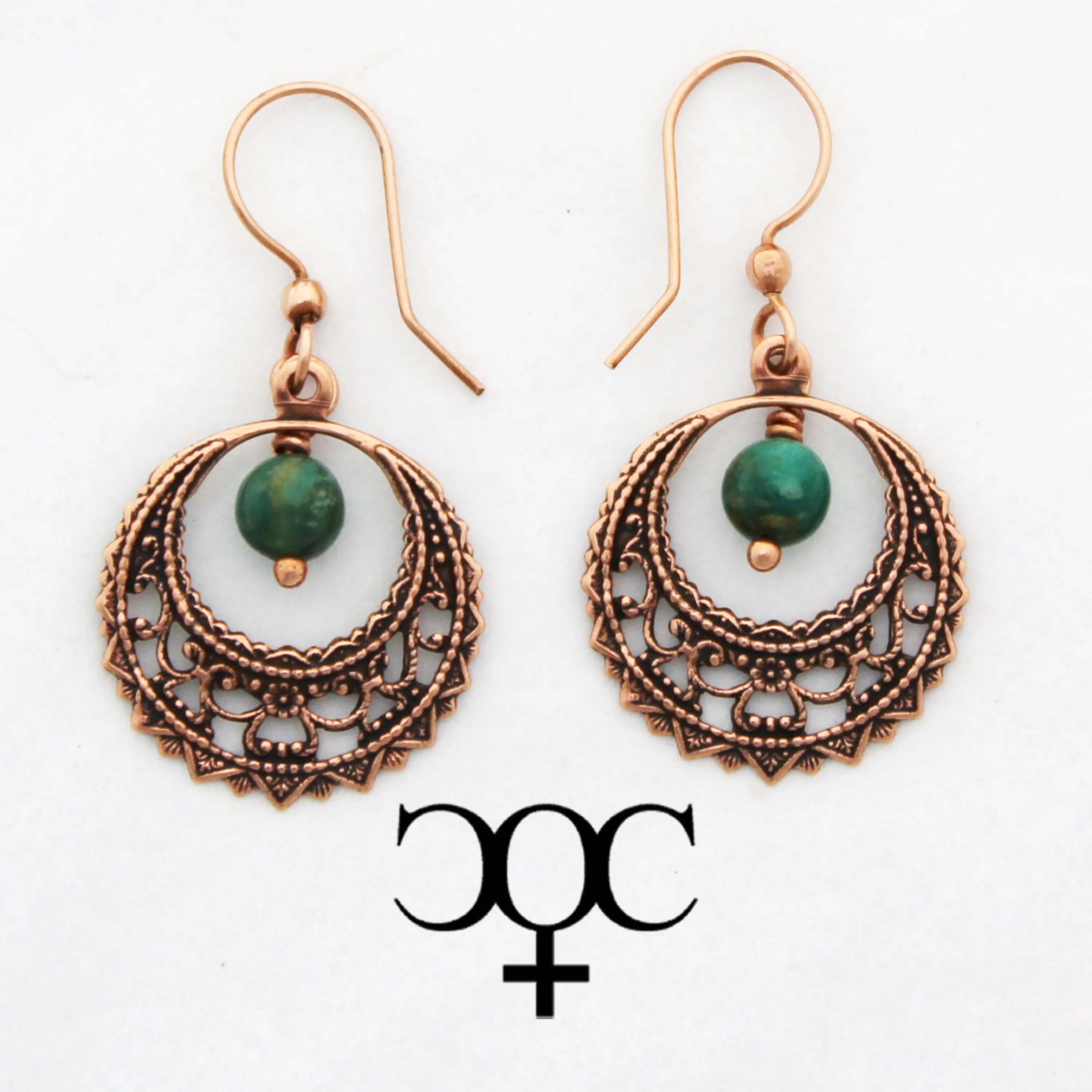 Copper Filigree Crescent Hoop Earrings with Gemstone Drops ECD48G Solid Copper Earrings With Gemstones