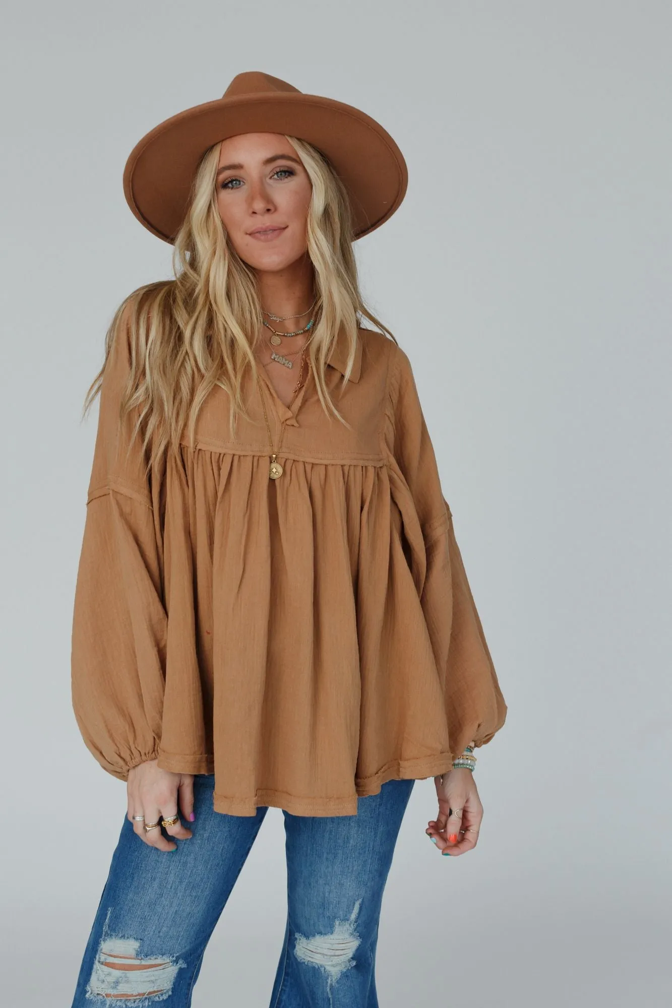 Cotton Clouds Babydoll Top - Camel