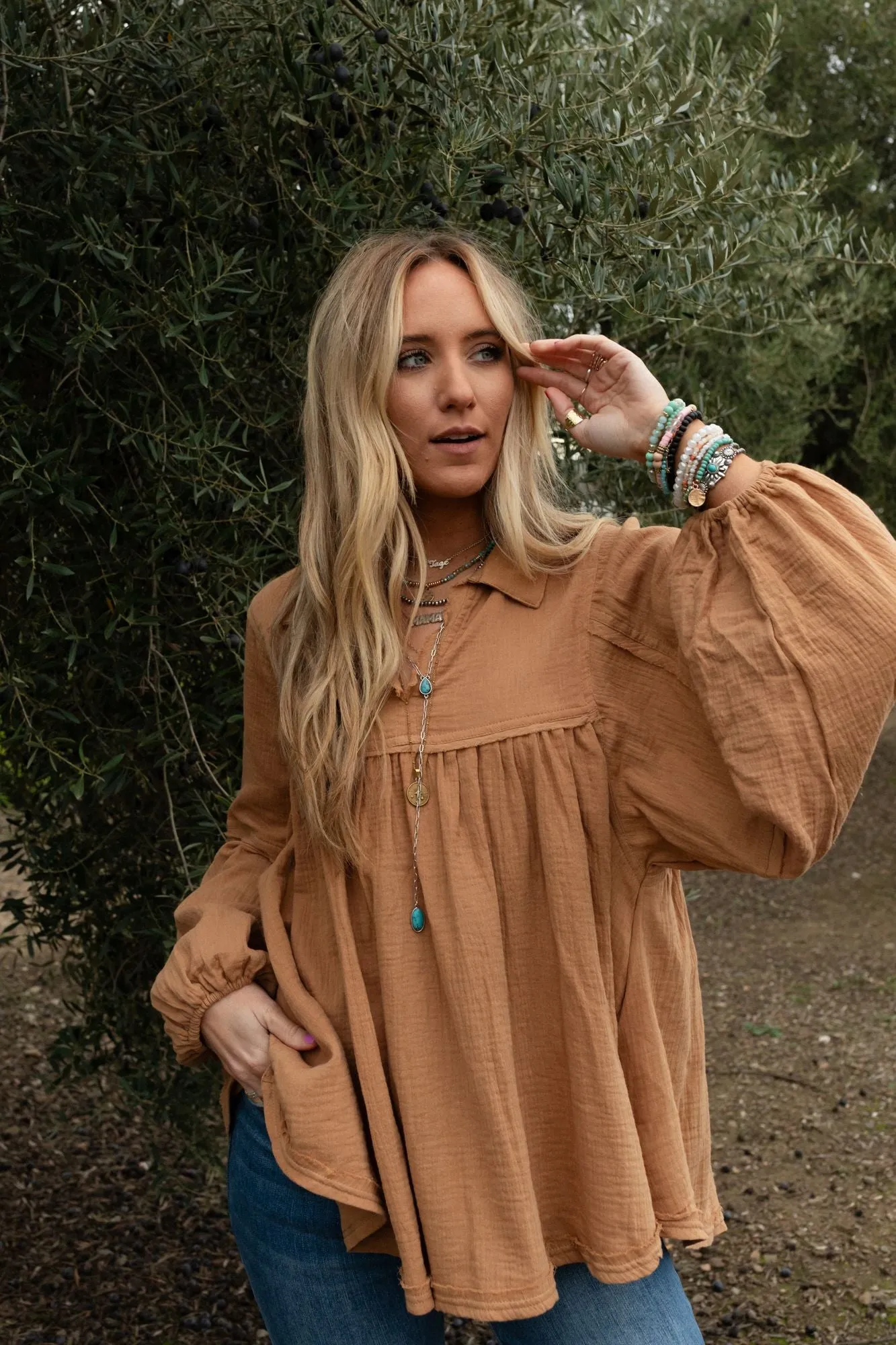 Cotton Clouds Babydoll Top - Camel