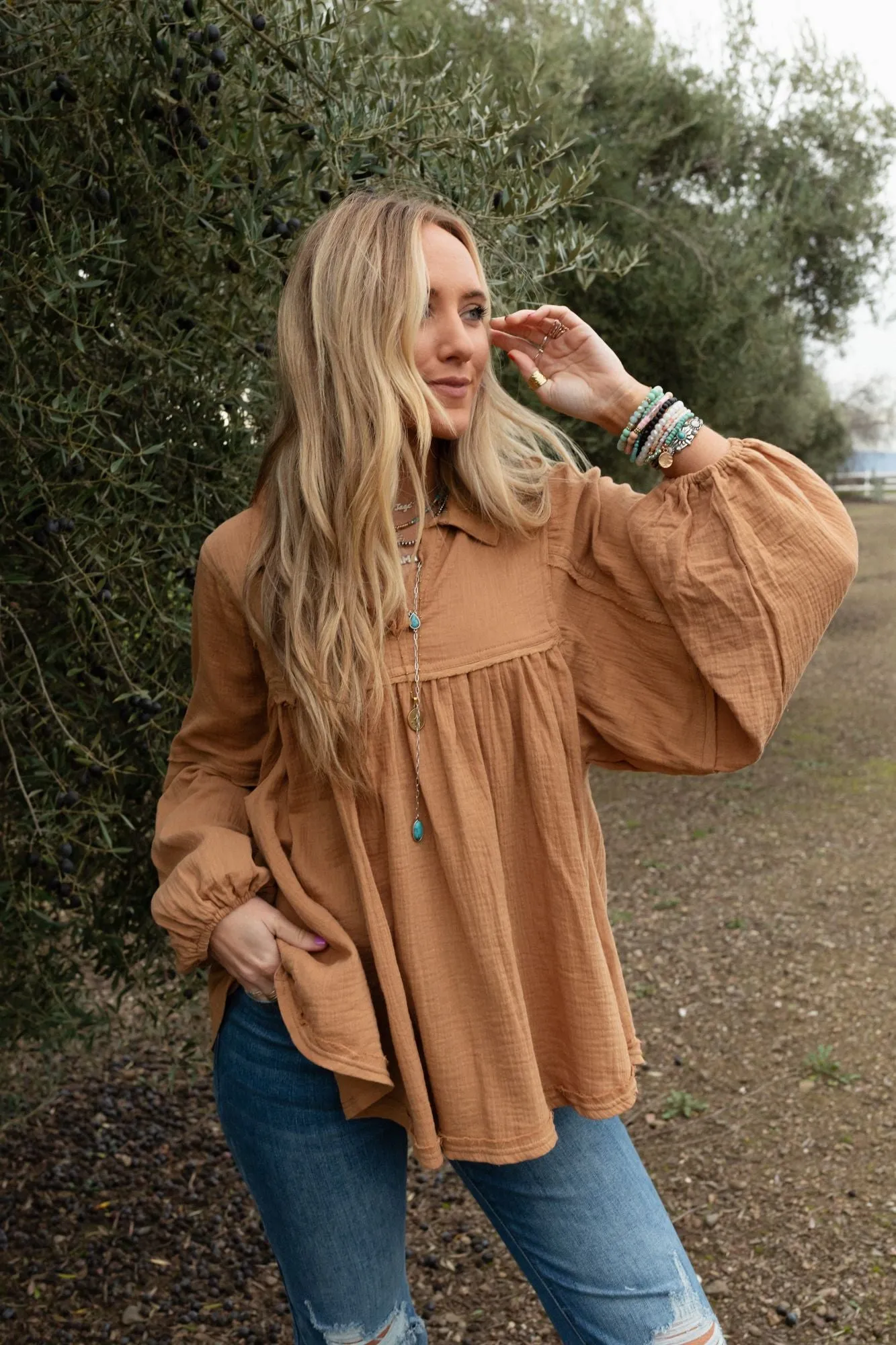 Cotton Clouds Babydoll Top - Camel