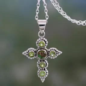 Divine Harmony Artisan Crafted Peridot and Sterling Silver Cross Necklace