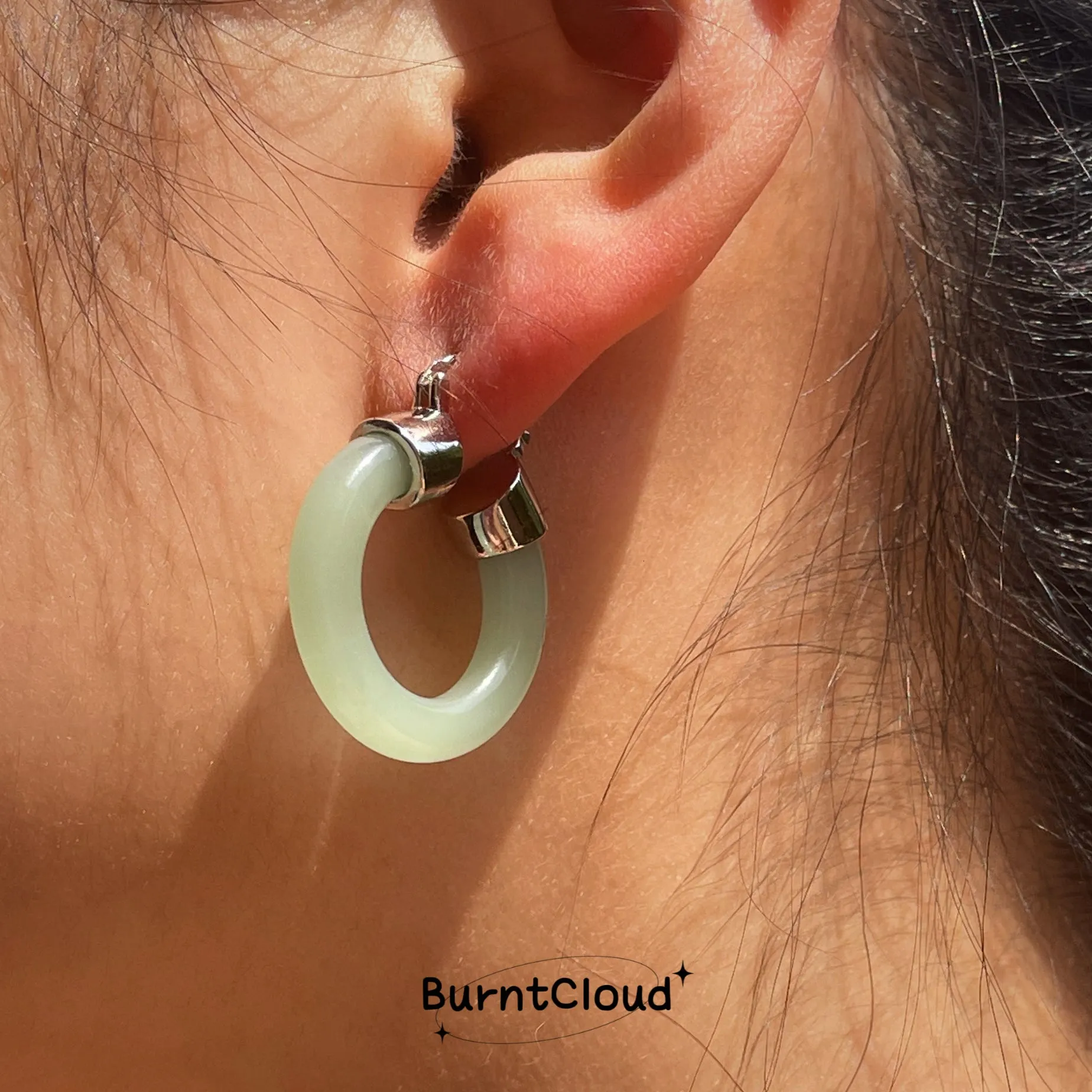 E14 Dainty Green Jade Hoop Earrings