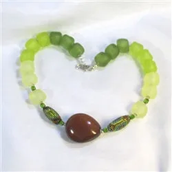 Eclectic Handmade Necklace in  Green with  Brown Tagua Nut