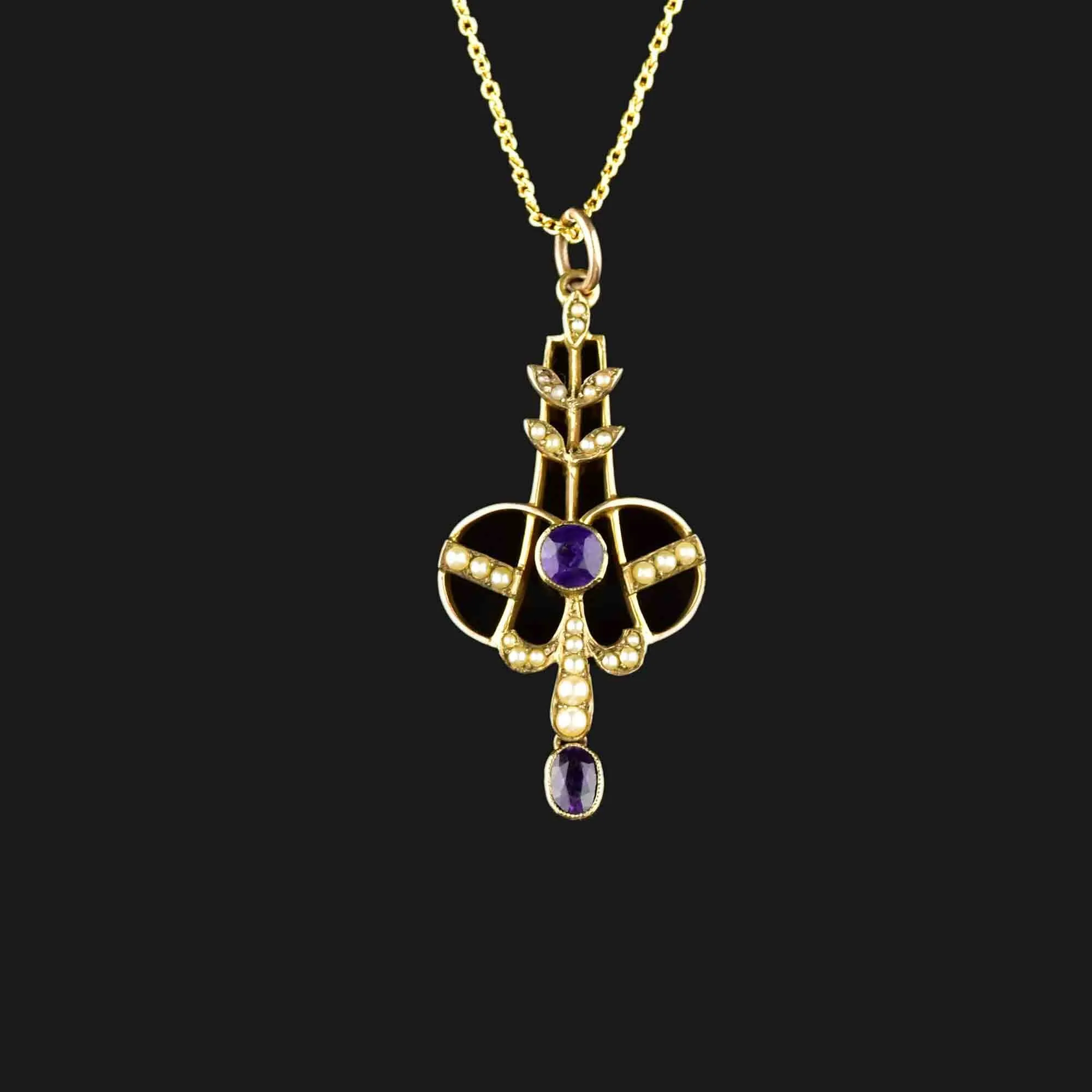 Edwardian Gold Amethyst Seed Pearl Lavaliere Necklace