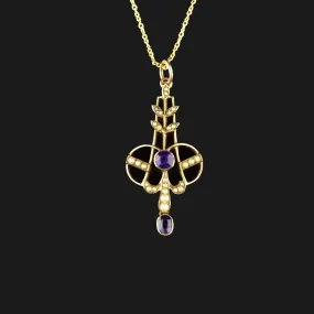 Edwardian Gold Amethyst Seed Pearl Lavaliere Necklace