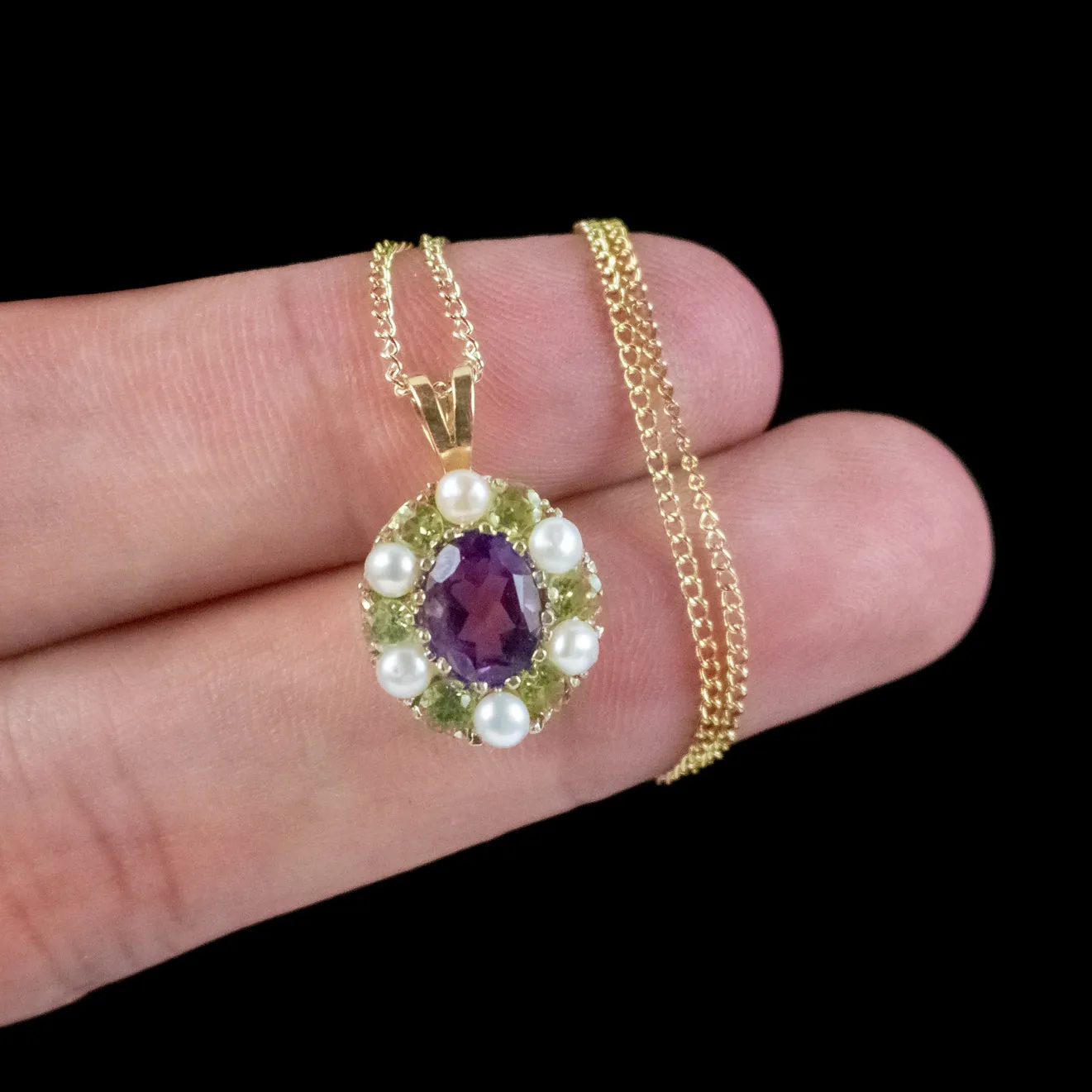 Edwardian Suffragette Style Pendant Necklace Amethyst Peridot Pearl