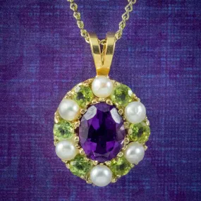 Edwardian Suffragette Style Pendant Necklace Amethyst Peridot Pearl