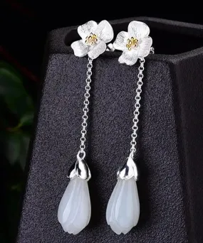 Elegant White Sterling Silver Inlaid Jade Floral Drop Earrings LY8623