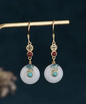 Elegant White Sterling Silver Overgild Inlaid Jade Xiang Yun Drop Earrings LY8956