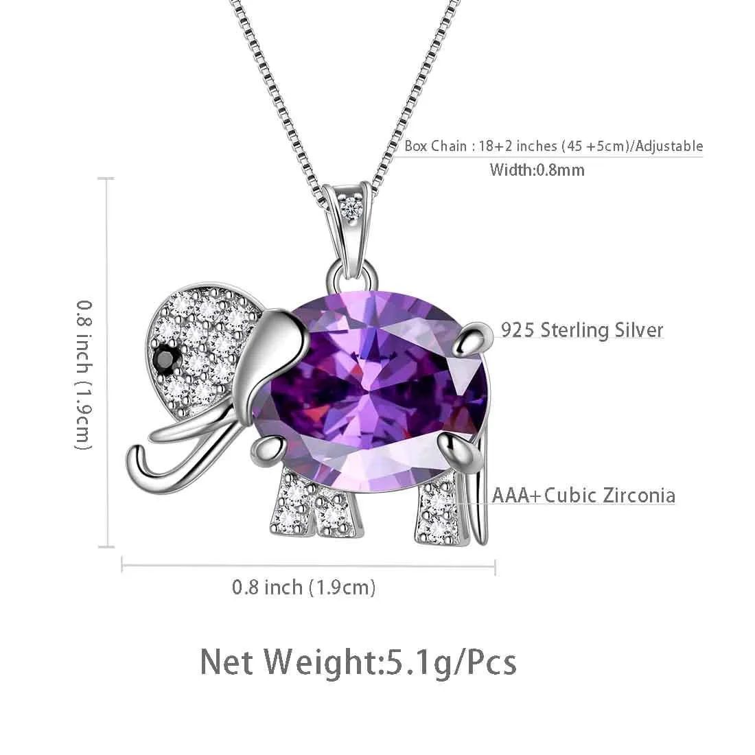 Elephant Birthstone February Amethyst Necklace Pendant Women Girls Jewelry Birthday Gift