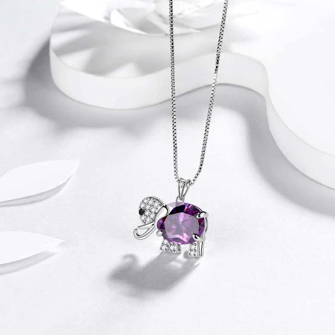 Elephant Birthstone February Amethyst Necklace Pendant Women Girls Jewelry Birthday Gift