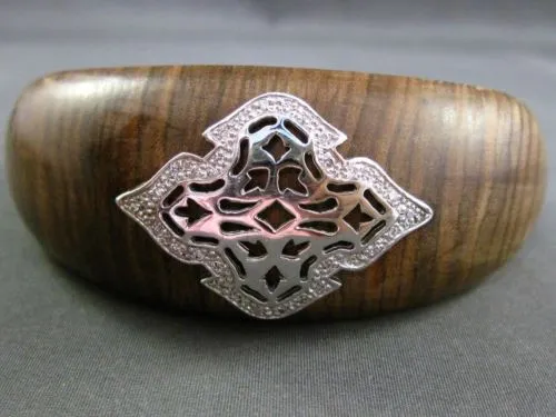 ESTATE .30CT DIAMOND 14KT WHITE GOLD HANDCRAFTED FILIGREE WOODEN BANGLE BRACELET