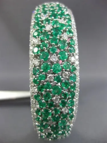 ESTATE LARGE 10.90CT DIAMOND & AAA EMERALD 18K WHITE GOLD FLOWER BANGLE BRACELET