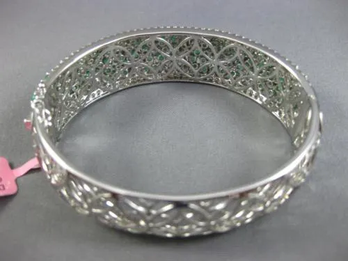 ESTATE LARGE 10.90CT DIAMOND & AAA EMERALD 18K WHITE GOLD FLOWER BANGLE BRACELET