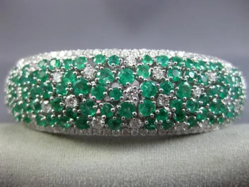 ESTATE LARGE 10.90CT DIAMOND & AAA EMERALD 18K WHITE GOLD FLOWER BANGLE BRACELET