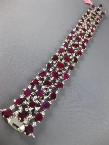 ESTATE LARGE 49.43CT DIAMOND & AAA RUBY 18KT WHITE GOLD FILIGREE TENNIS BRACELET