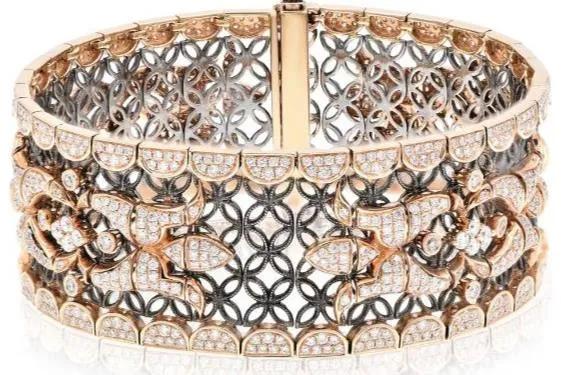 EXTRA LARGE 7.24CT DIAMOND 18KT ROSE GOLD FILIGREE FLOWER CUFF TENNIS BRACELET