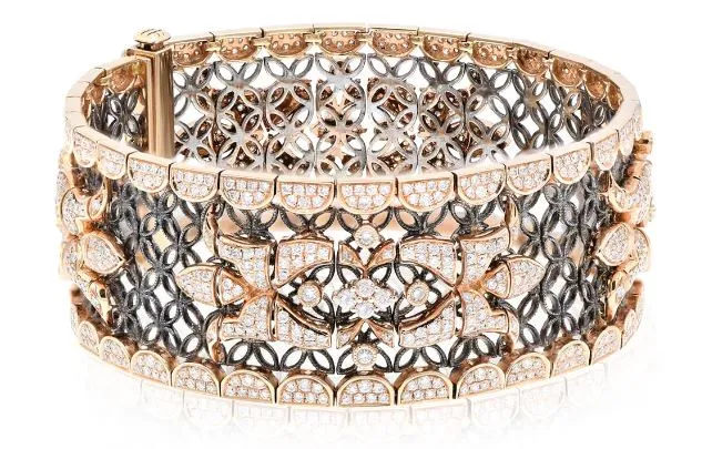 EXTRA LARGE 7.24CT DIAMOND 18KT ROSE GOLD FILIGREE FLOWER CUFF TENNIS BRACELET