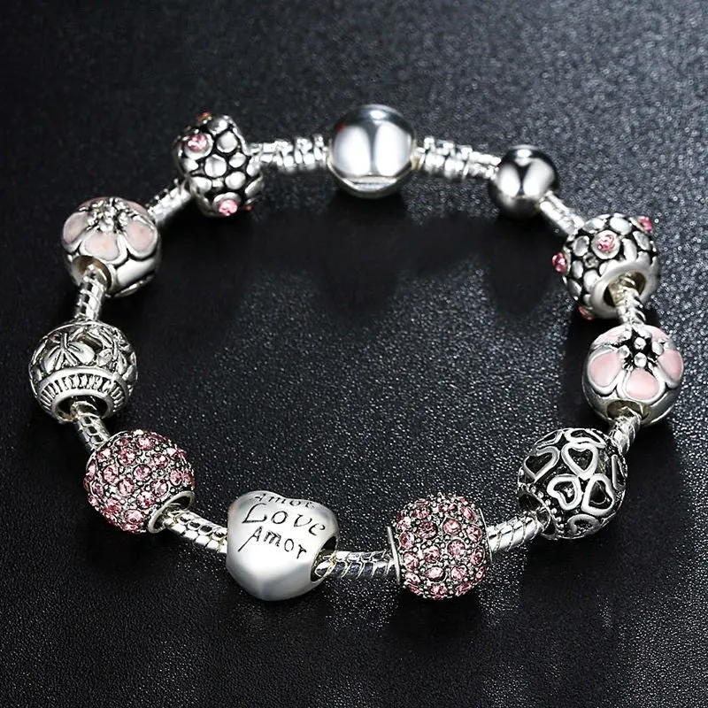 Fashion Antique 925 Silver Charm Bangle & Bracelet with Love and Flower Crystal Ball for Women Wedding