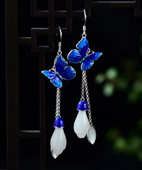 Fashion Blue Floral Paitings Silver Gem Stone Drop Earrings