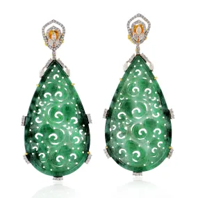 Filigree Carved Jade Pave Diamond Tear Drop Designer Danglers in Gold For Her